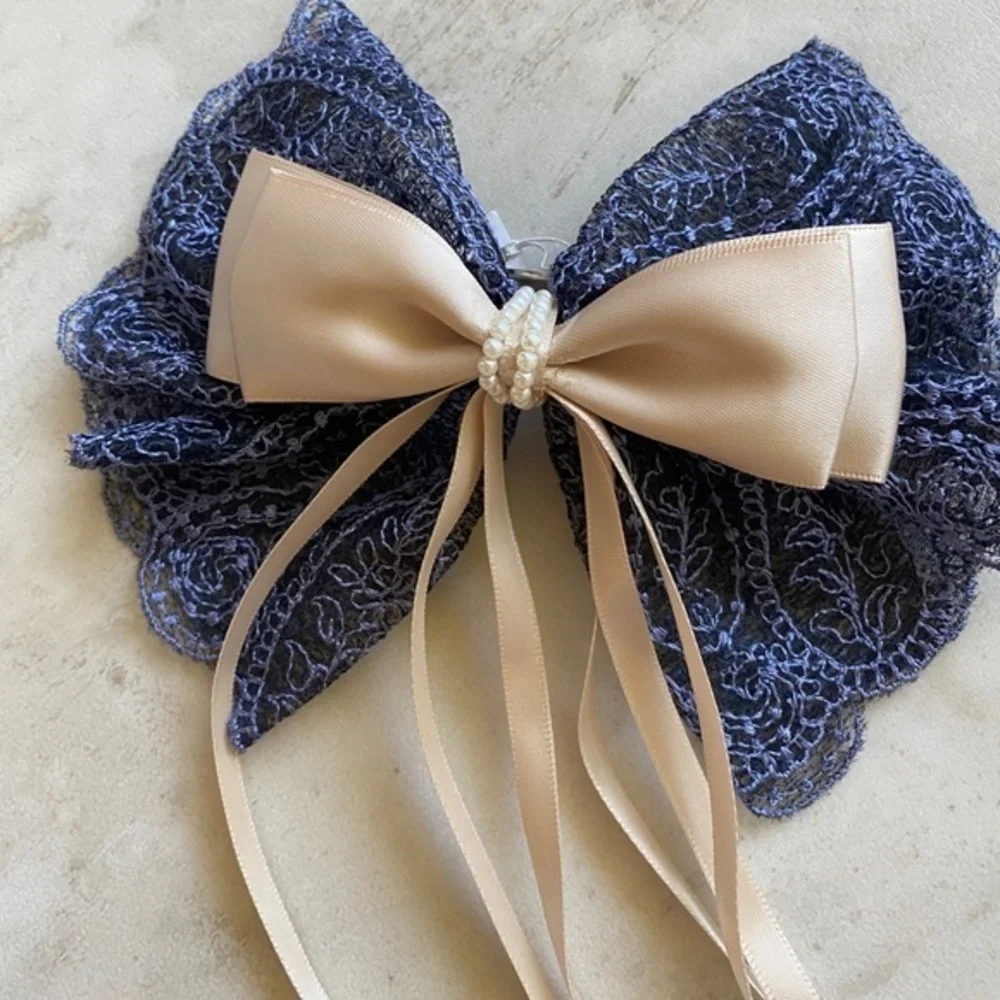 Anthropologie Blue Satin Lace Bow Barrette